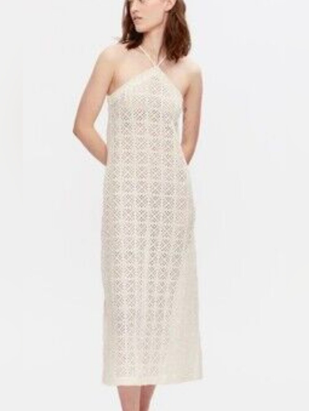 KOTN Amira Crochet Knit Halter Maxi Midi Dress Cream White S